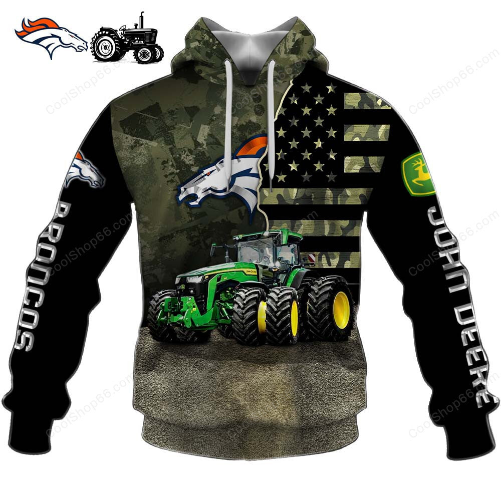 Denver Broncos x John Deere Hoodie | Funny Green Character Premium Hoodie